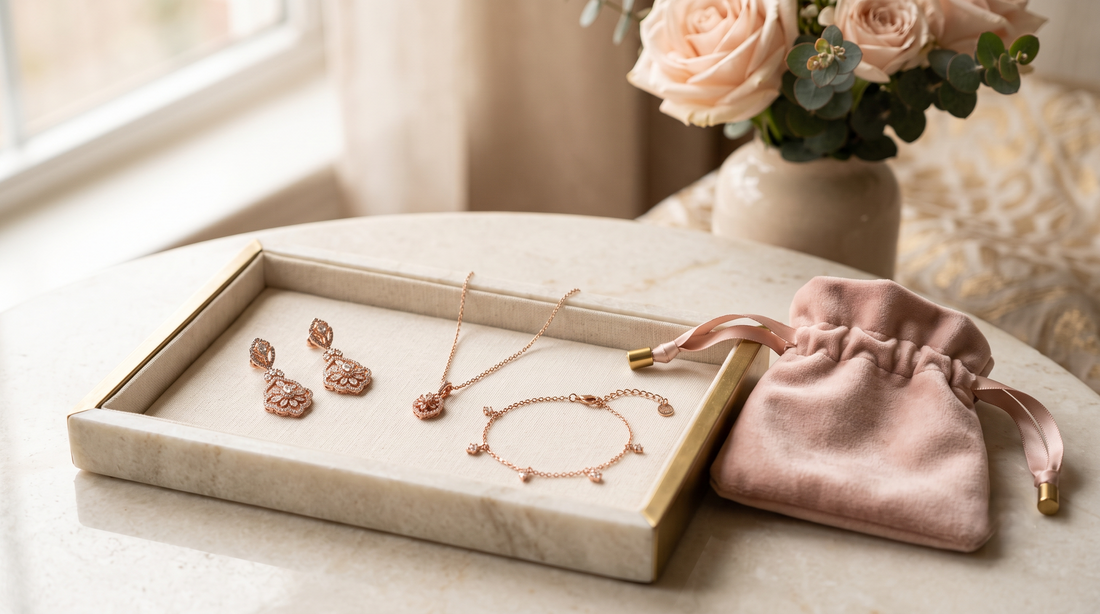 Rose gold jewellery arranged for everyday care in Pakistan