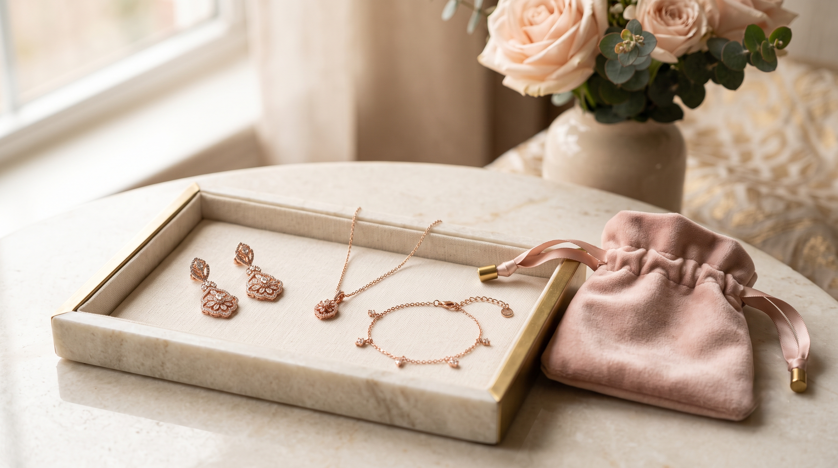 Rose gold jewellery arranged for everyday care in Pakistan