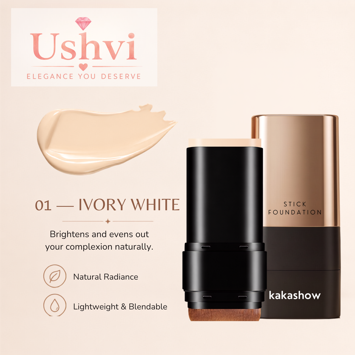 Ushvi Ivory White liquid foundation stick shown in a black cylindrical container with the cap off, revealing the creamy beige foundation. The background is a soft beige with a swatch of the cream foundation, product text, and brand logo.