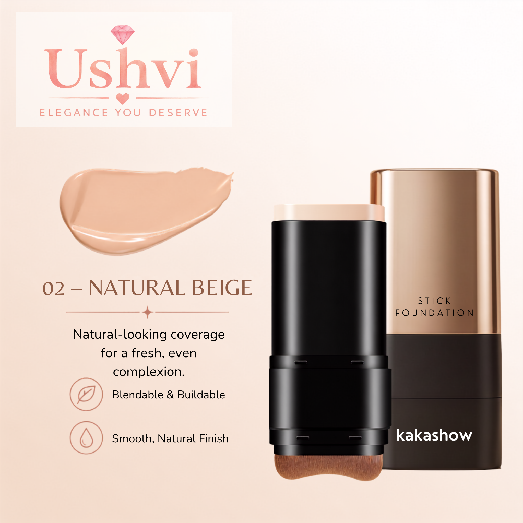 Ushvi Natural Beige liquid foundation stick shown on a light beige background with a swatch of the product shade and descriptive text.