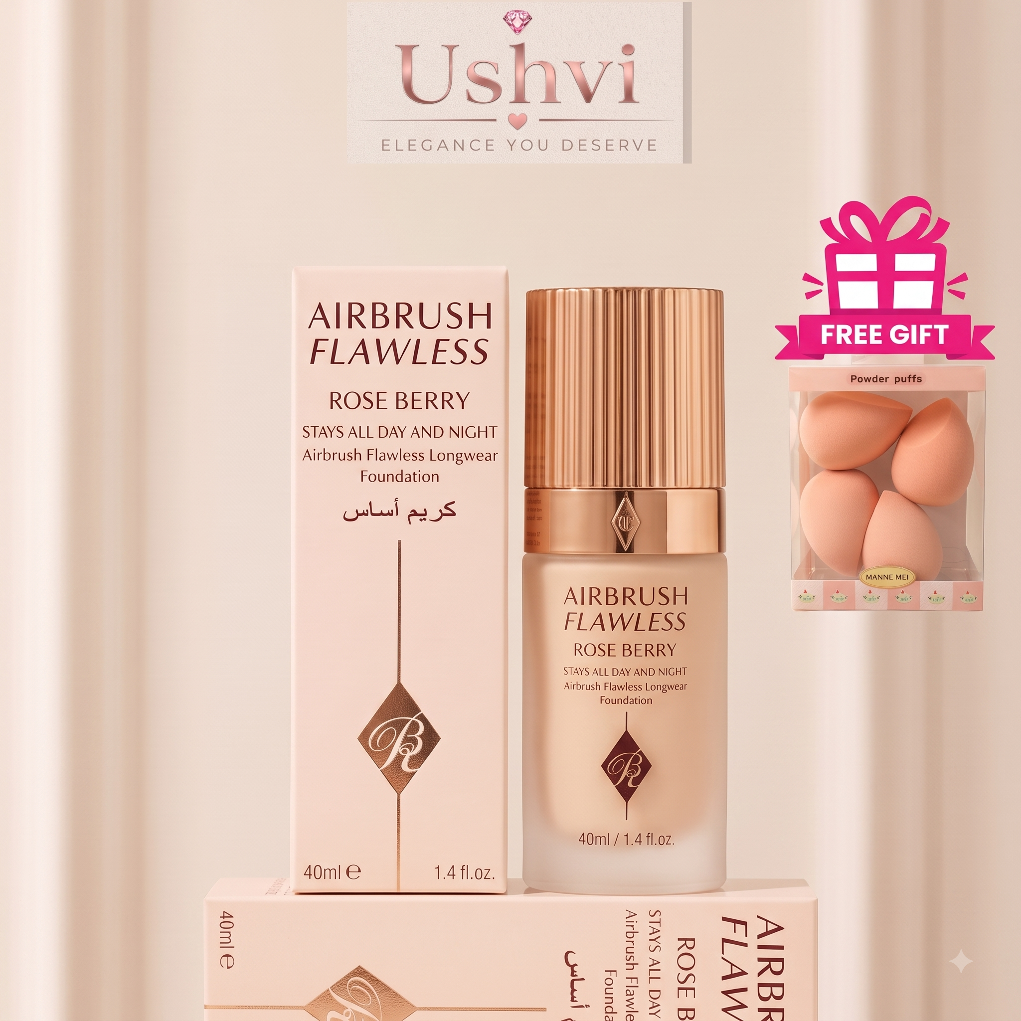 Ushvi Airbrush Flawless Rose Berry foundation shown with its pink and white box, a matching foundation bottle with a metallic rose-gold cap, and a small pink 'FREE GIFT' egg box overlay on a soft cream background.