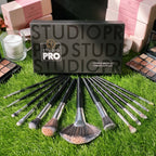 Studio Pro 13-piece makeup brush set displayed with multiple face and eye brushes