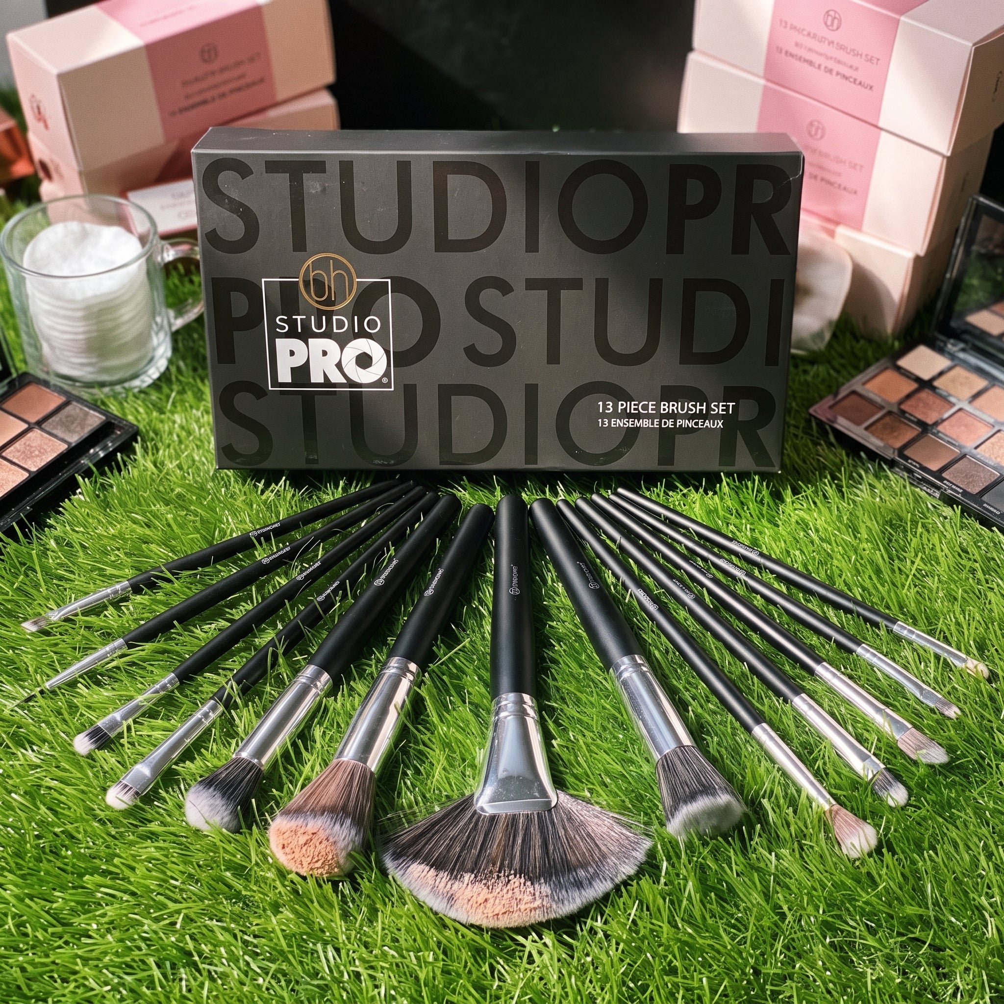 Studio Pro 13-piece makeup brush set displayed with multiple face and eye brushes