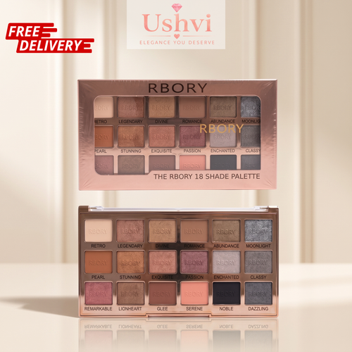 Two views of the RBORY The RBORY 18 Shade Palette on a white background, with the Ushvi brand logo in the top left corner. The top view shows the closed palette in a rose gold case, and the bottom view shows the open palette with 18 eyeshadow pans in neutral and warm tones.