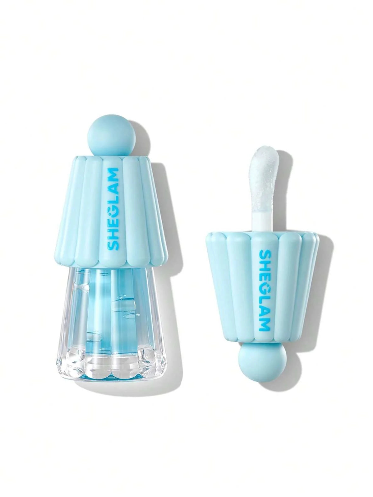 Sheglam makeup product with blue and clear design on a white background