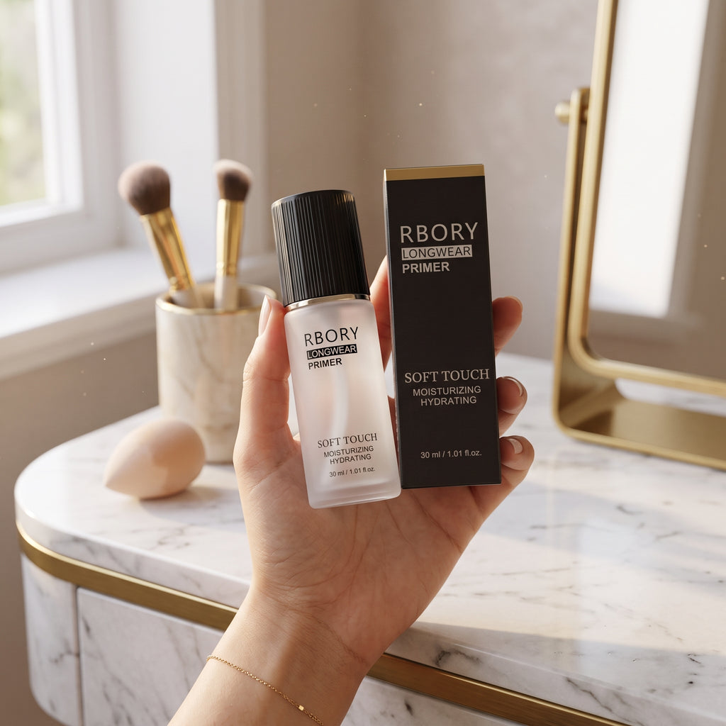 A hand holds a bottle of RBORY Soft Touch Primer next to its black box in front of a blurred cosmetics store shelf.