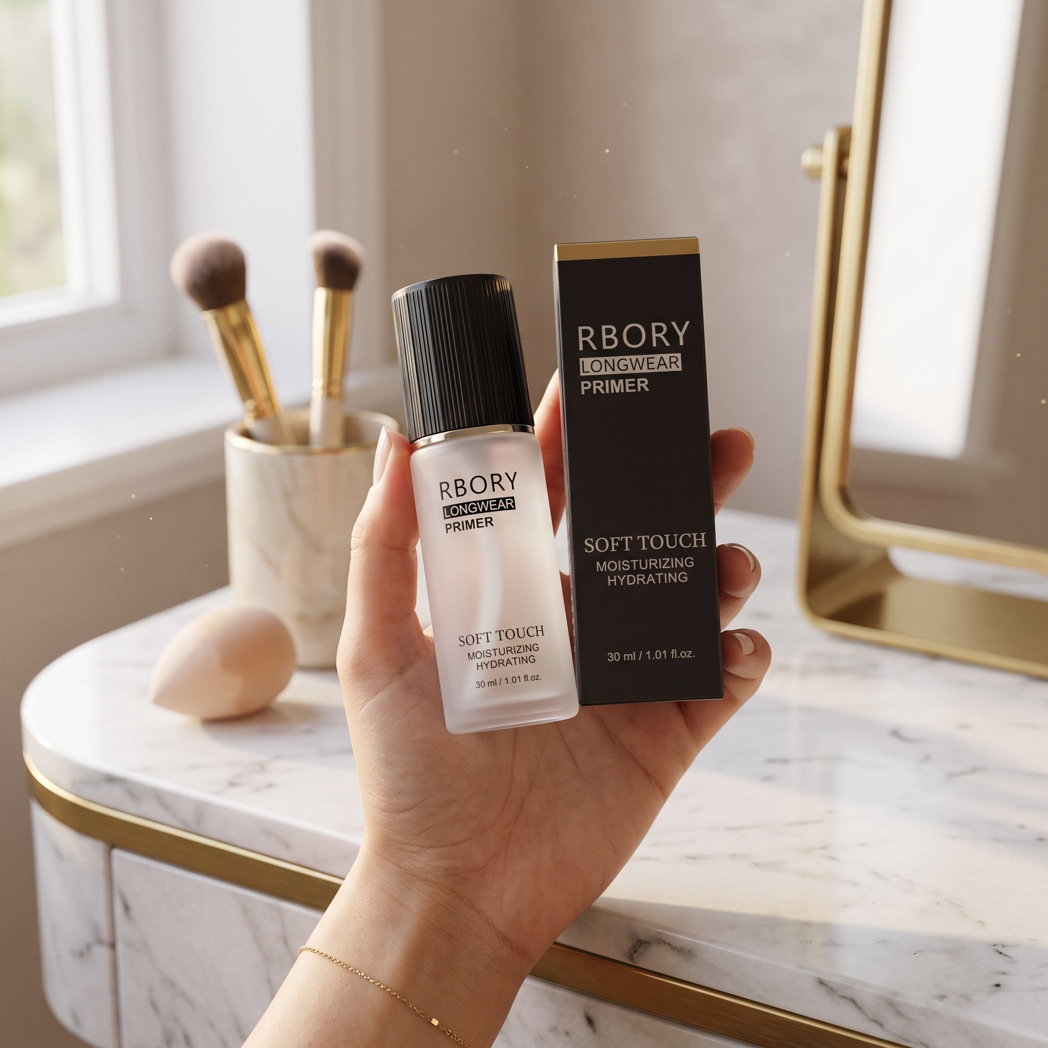 A hand holds a bottle of RBORY Soft Touch Primer next to its black box in front of a blurred cosmetics store shelf.