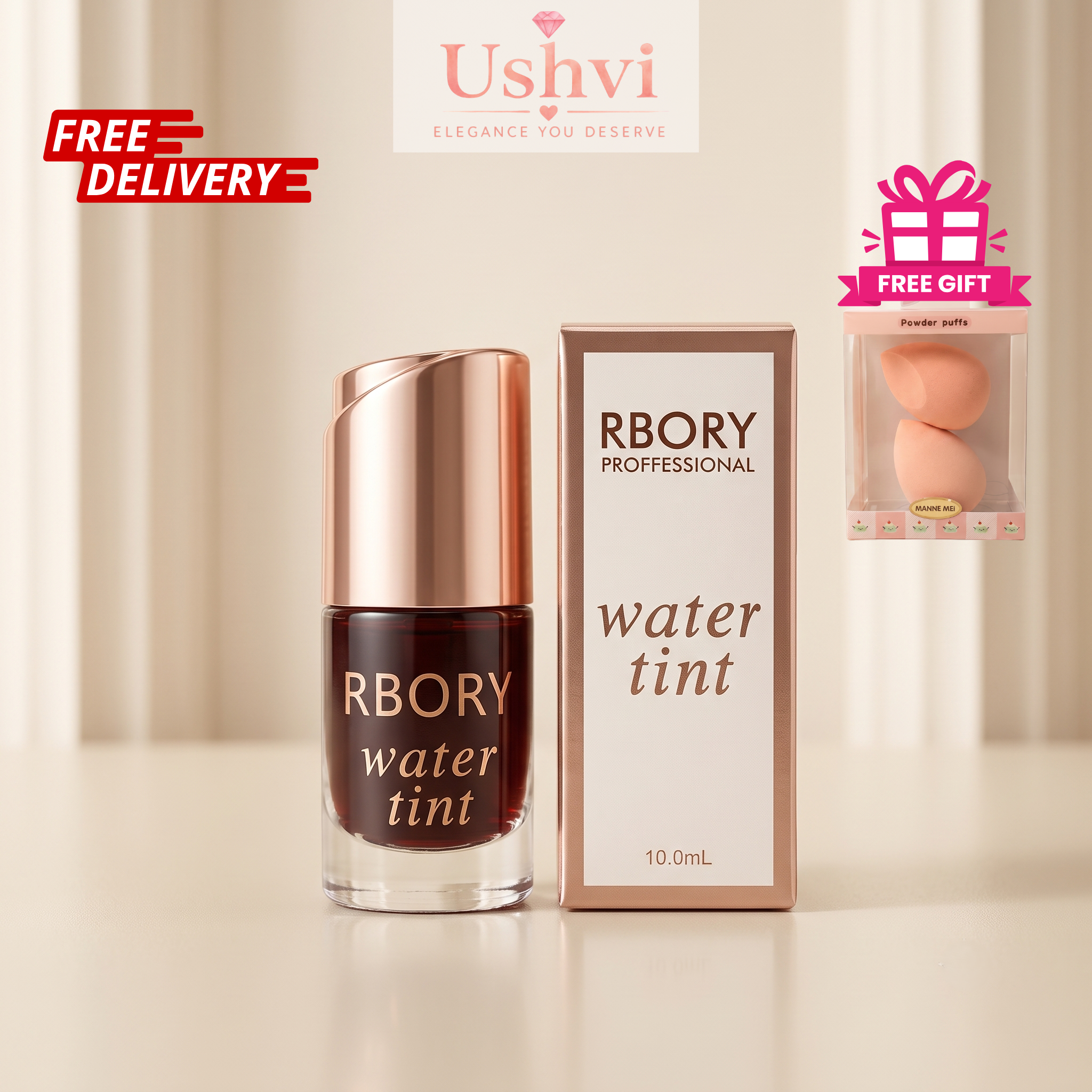 RBORY Professional water tint in a 10.0mL glass bottle with a rose gold cap, shown next to its matching packaging box.
