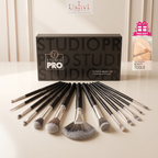 Studio Pro 13-piece makeup brush set with black handles and free professional beauty puff