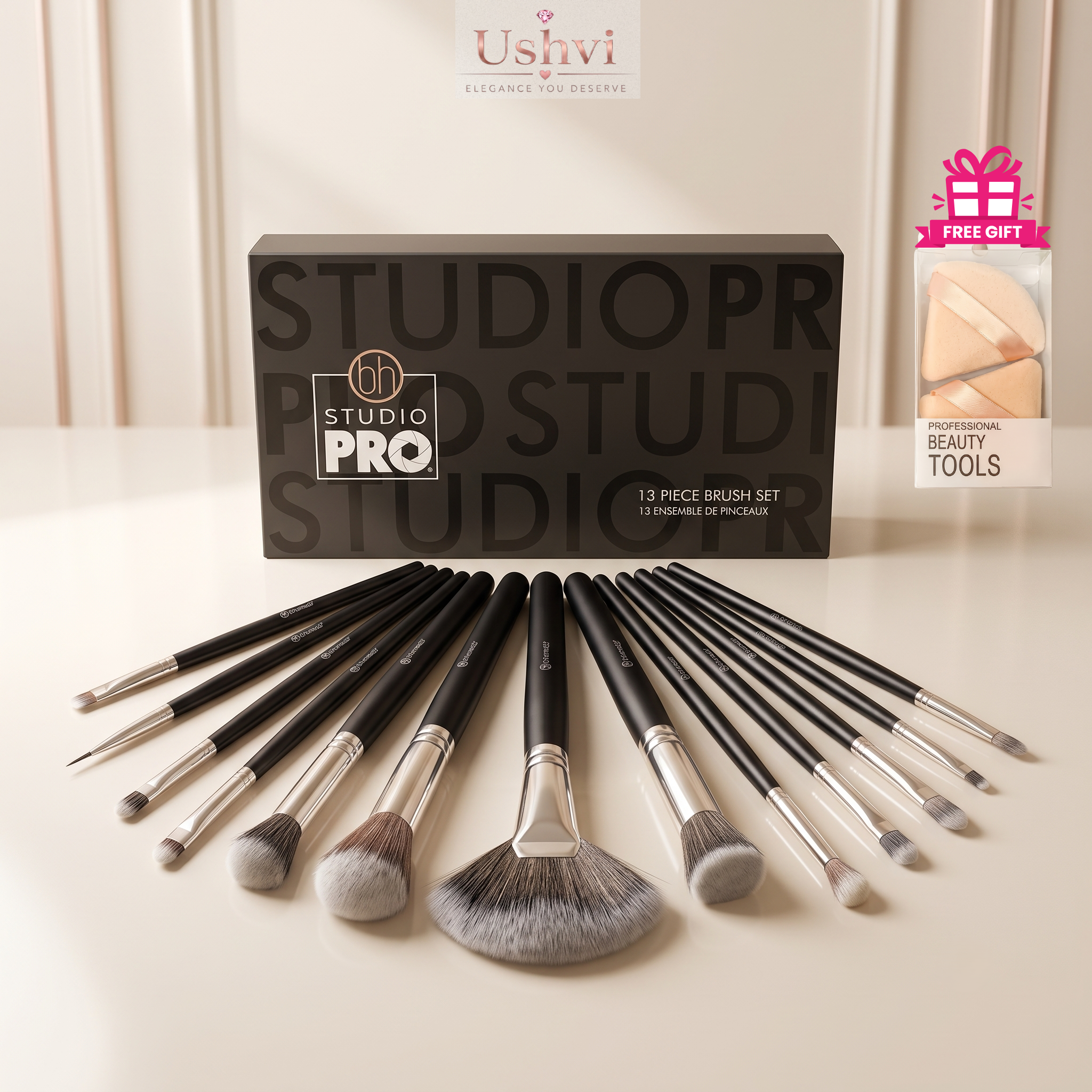 Studio Pro 13-piece makeup brush set with black handles and free professional beauty puff
