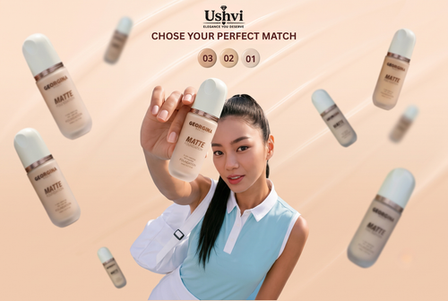 A woman in a light blue sleeveless top holds a bottle of Ushvi Geoharina Matte foundation against a warm beige background with floating bottles and the text 'CHOSE YOUR PERFECT MATCH' and shade numbers 03, 02, 01.