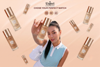 A woman in a light blue sleeveless top holds a Ushvi BB707 foundation bottle, with multiple floating bottles and the text 'CHOSE YOUR PERFECT MATCH' on a peach background.