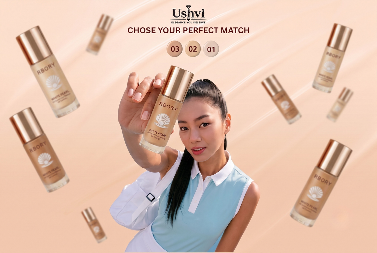 A woman in a light blue sleeveless top holds a Ushvi BB707 foundation bottle, with multiple floating bottles and the text 'CHOSE YOUR PERFECT MATCH' on a peach background.