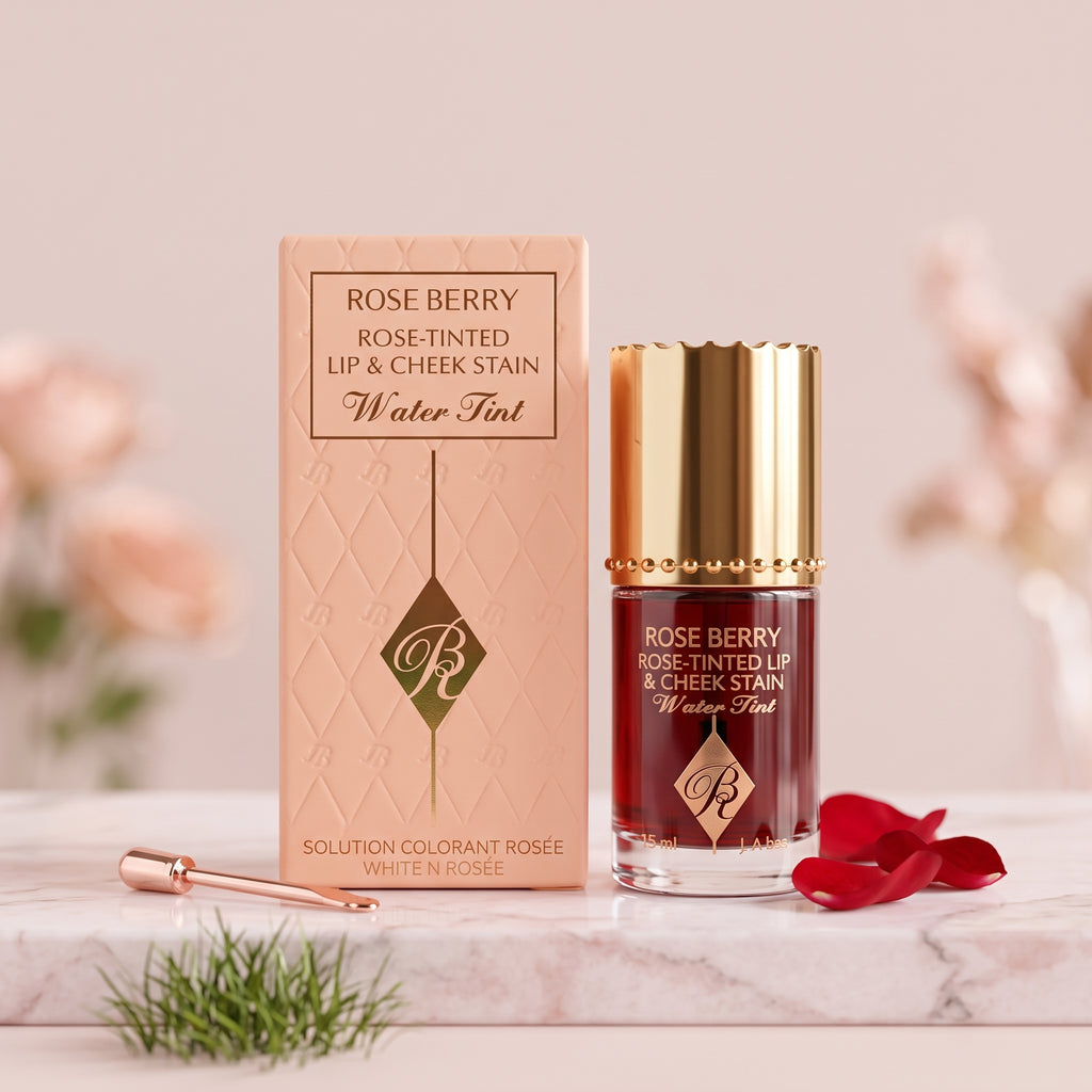 Rose Berry Rose Tinted Lip and Cheek Stain Water-Tint bottle with its pink packaging box, displayed on a white stand with artificial green grass in the background.Ushvi.pk