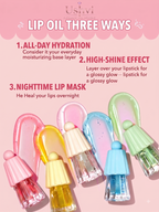 A promotional graphic for Ushvi Lip Oil Three Ways, showing three translucent lip oil bottles in pink, yellow, and blue-green shades, with descriptive text above on a pink background.