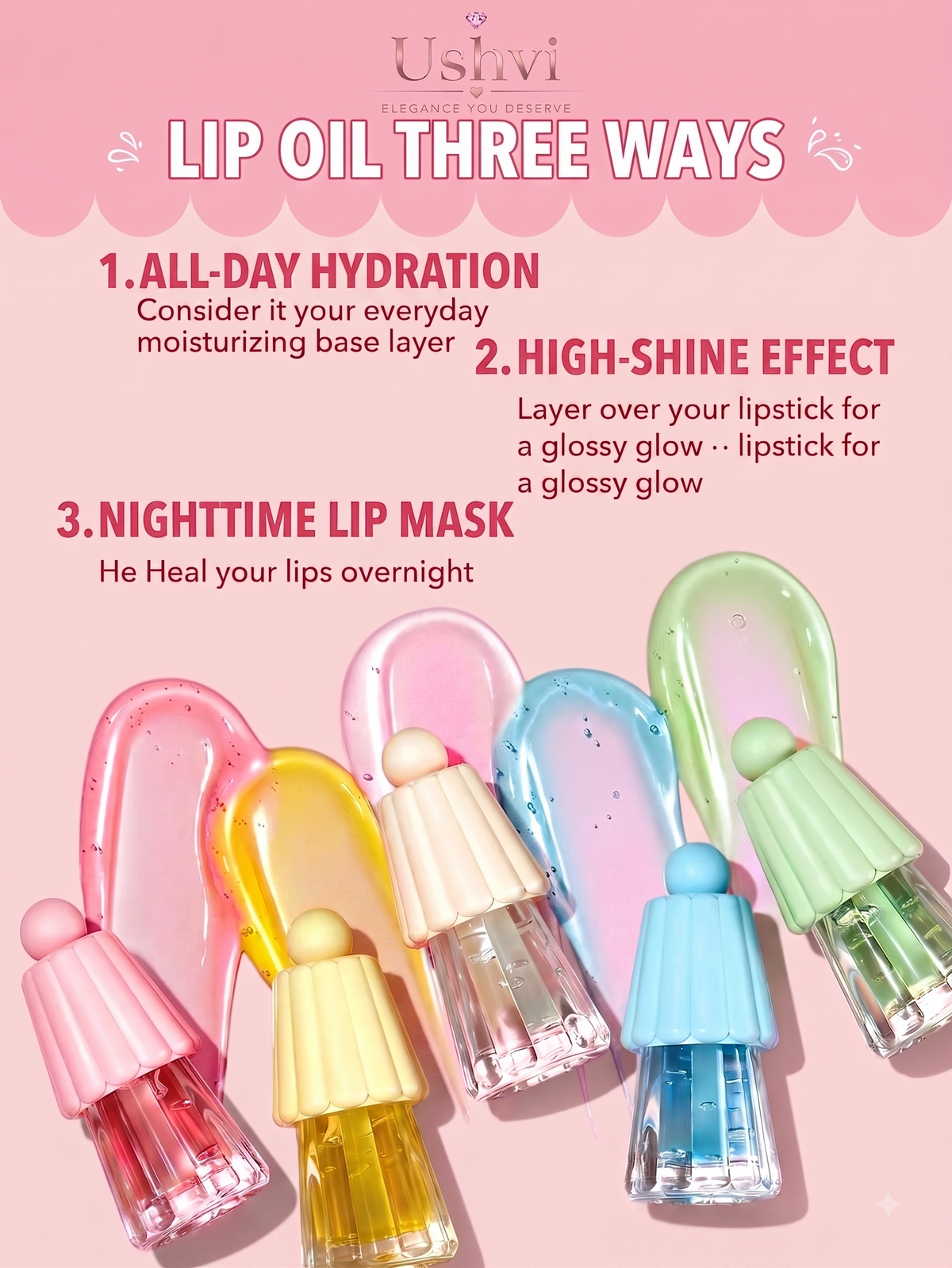 A promotional graphic for Ushvi Lip Oil Three Ways, showing three translucent lip oil bottles in pink, yellow, and blue-green shades, with descriptive text above on a pink background.