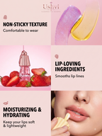 A promotional collage for a lip balm or lip treatment by Ushvi, showing text callouts about non-sticky texture, lip-loving ingredients, and moisturizing benefits. The collage includes a pink cosmetic bottle with strawberries, a close-up of glossy lips using the product, and a swatch of the balm on a pink background.