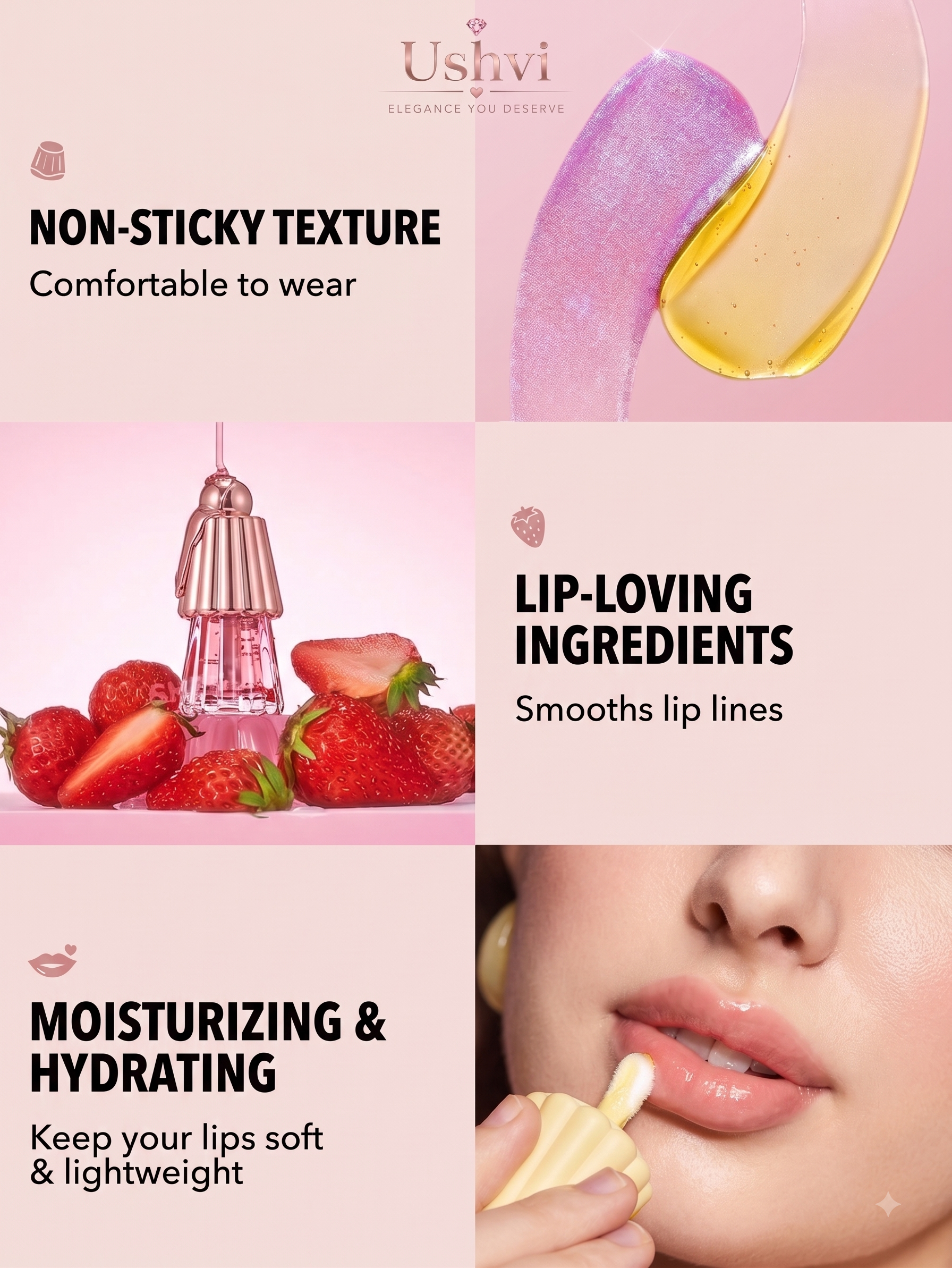 A promotional collage for a lip balm or lip treatment by Ushvi, showing text callouts about non-sticky texture, lip-loving ingredients, and moisturizing benefits. The collage includes a pink cosmetic bottle with strawberries, a close-up of glossy lips using the product, and a swatch of the balm on a pink background.