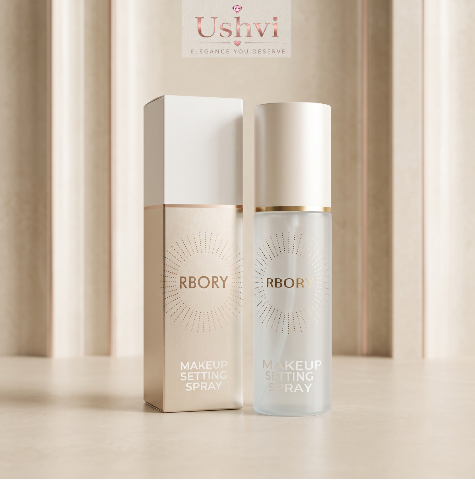 Ushvi RBORY Makeup Setting Spray shown with its beige and white box and the clear spray bottle with a white cap on a light beige surface, with a soft beige curtain background.