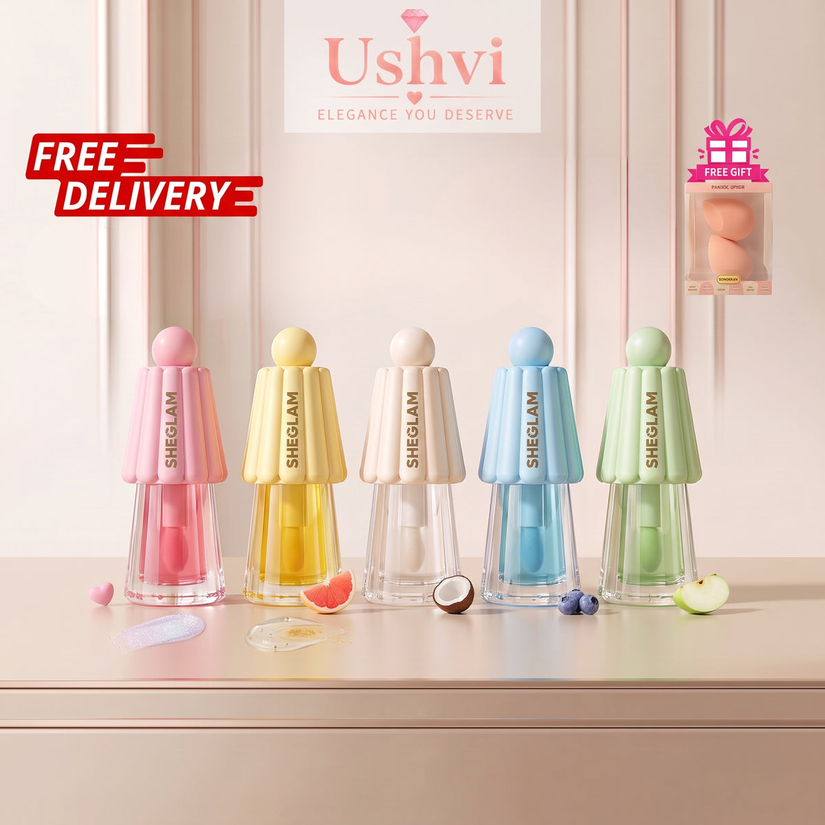 5 bottle of Sheglam lip gloss on Hero img of ushvi.pk shopify store