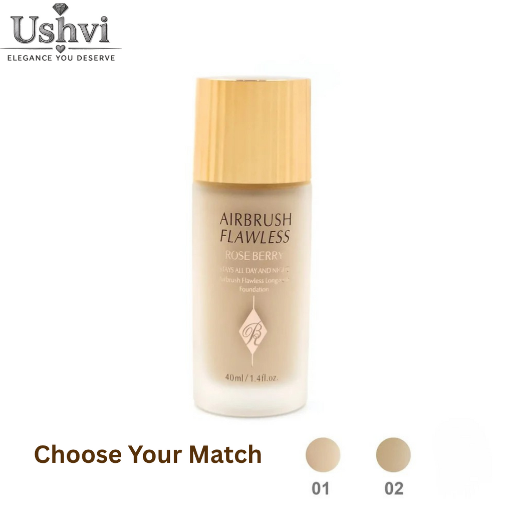 A bottle of Ushvi Airbrush Flawless Foundation shown on a white background with 'Choose Your Match' text and two beige shade circles labeled 01 and 02.