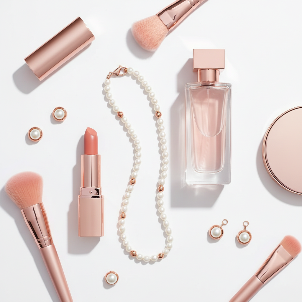 Ushvi Glow Collection Set - cosmetics and jewellery flat lay