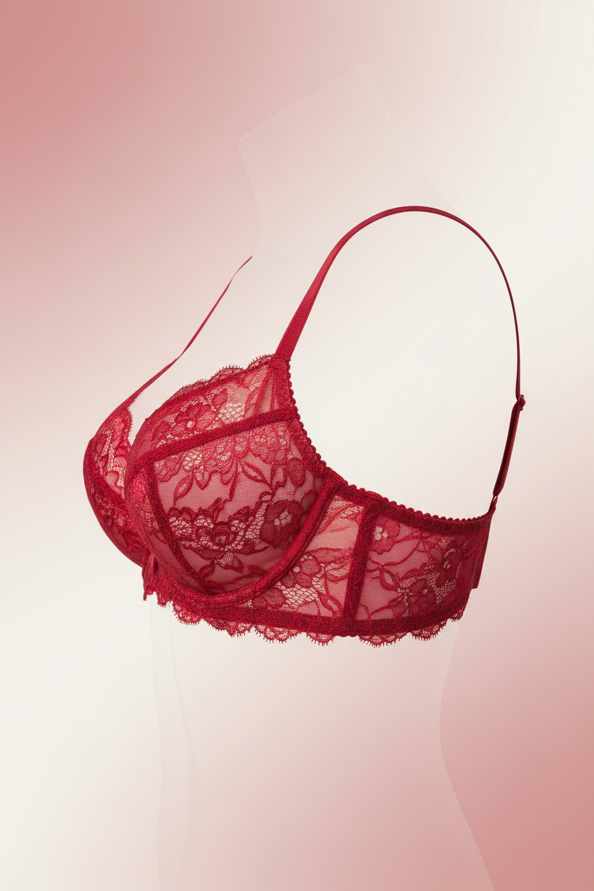 Red lace bra side profile view