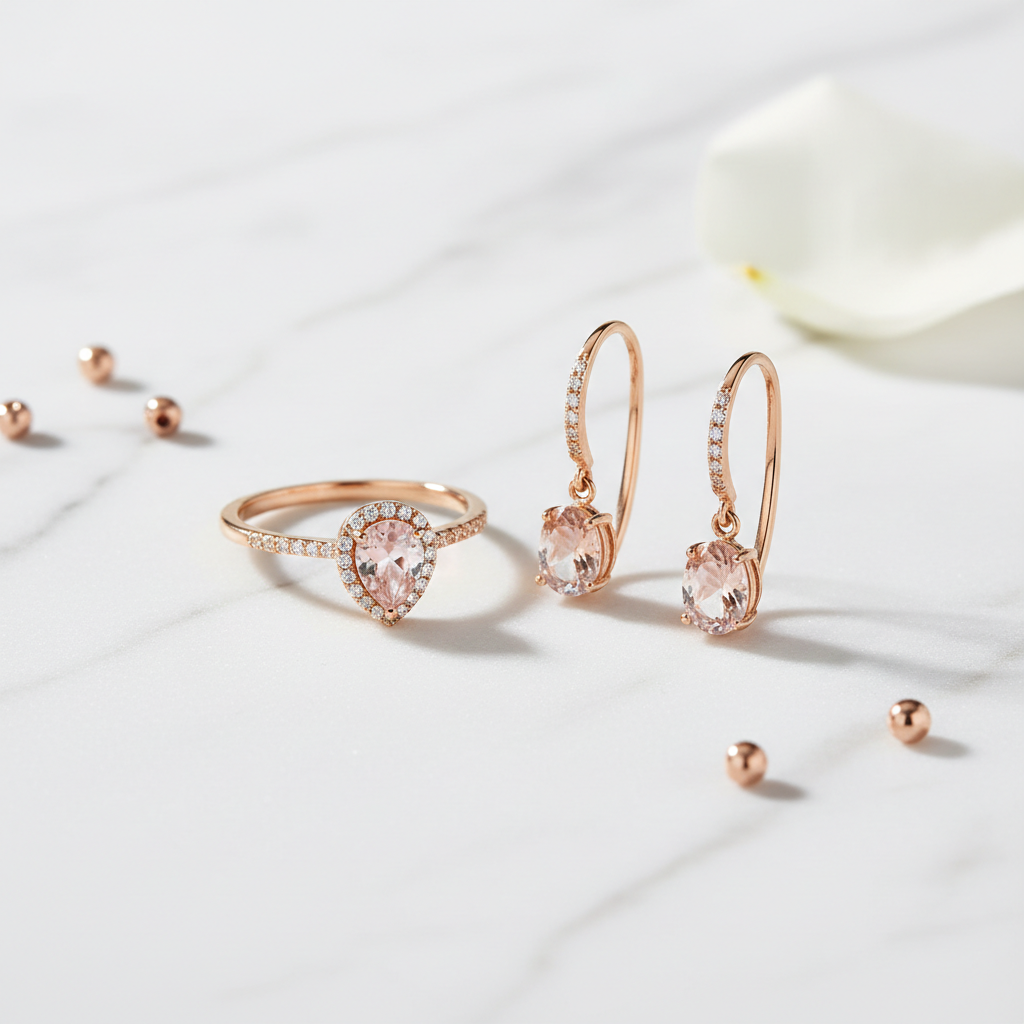 Rose Gold Jewellery Set - ring and earrings on marble background