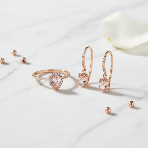 Rose Gold Jewellery Set - ring and earrings on marble background
