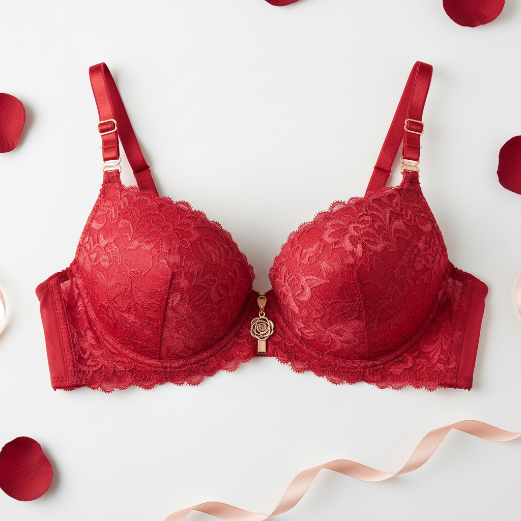Red lace bra flat lay product photo