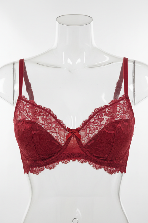 Red lace bra front view on mannequin