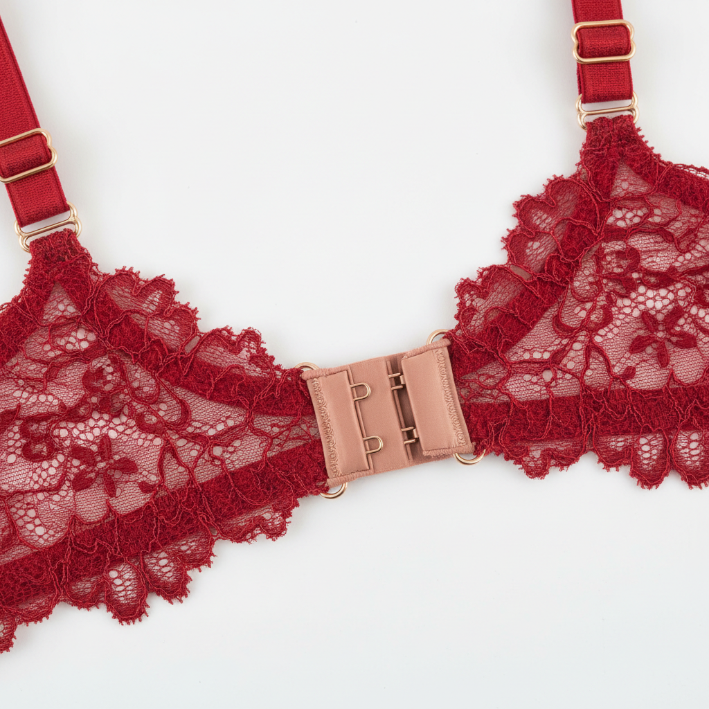 Red lace bra close-up lace detail and rose-gold clasp